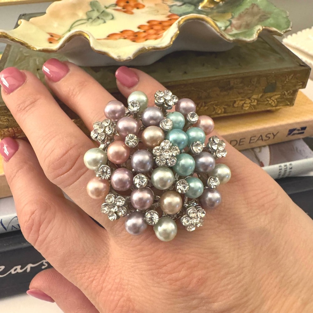 Vintage Multi Color Faux Pearl Rhinestone Statement Ring Adjustable Silver Tone